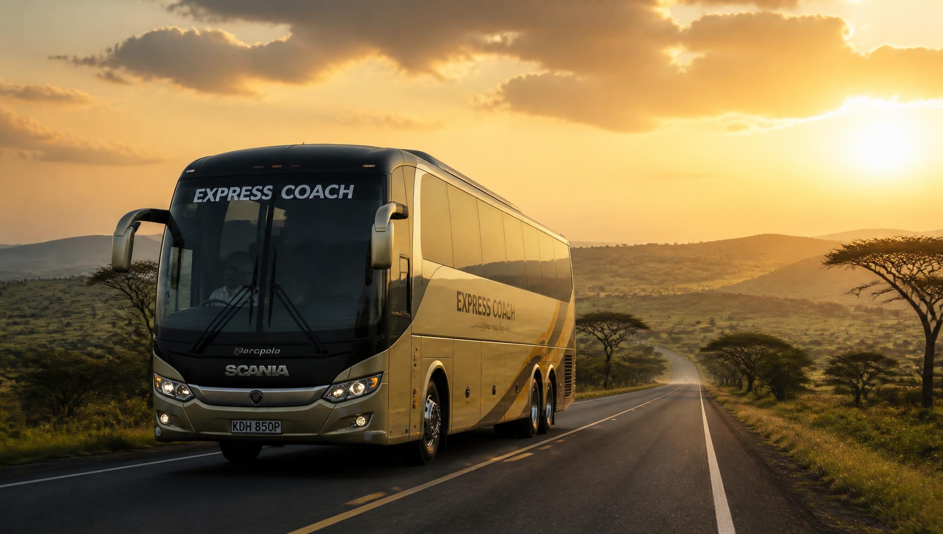Trinity Express coach travelling an East African highway at sunset